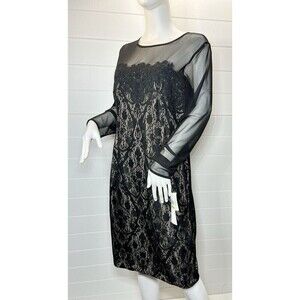 New Maggy London Illusion Lace Women 14 Black Sheer Long Sleeve Cocktail Dress